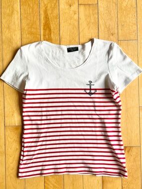 Captain Corsaire 100% Coton White Red Nautical Stripe T-Shirt with Anchor Size 6